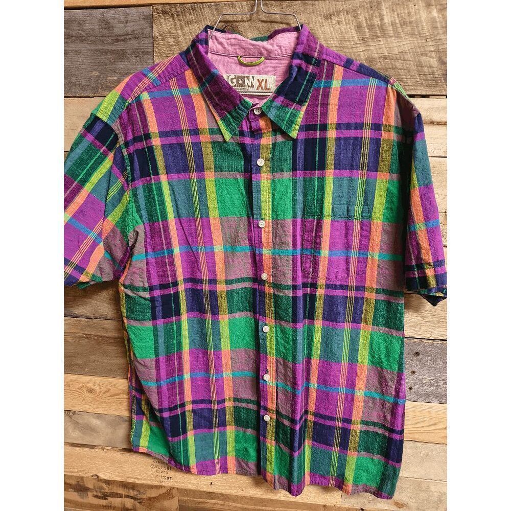 G&M Men's Short Sleeve XL Button Down Multicolor Plaid Collared Shirt